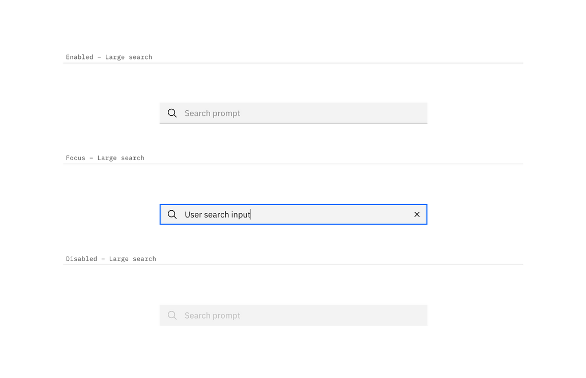 Enabled, focus, and disabled search states